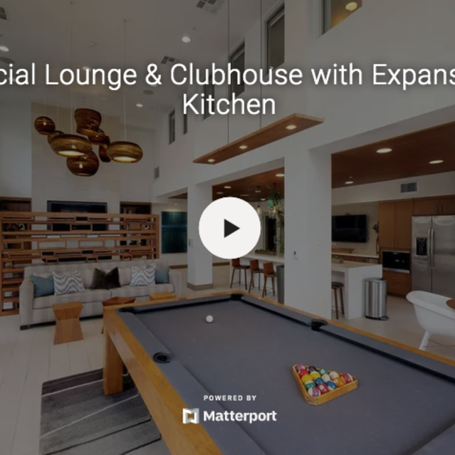 Apex Laguna - Social Lounge & Clubhouse with expansive kitchen tour. Fefatures billiards table, large kitchen, multiple seating areas, high ceilings, and dramatic light fixtures